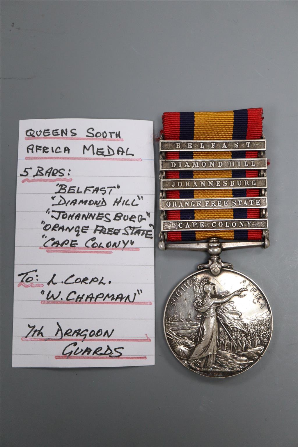 A Queens South Africa medal with 5 clasps to L.Corpl. W.Chapman 7th Dragoon Guards
